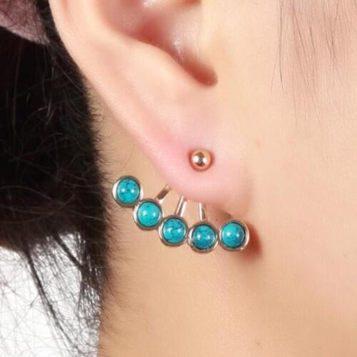 SMJEL Enthic Tibetan Green Stone Bead Ear Jacket Earrings Women New Geometric Back Cuff Stud Earrings Piercing Earing Koyle