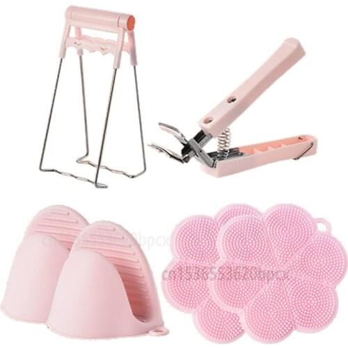 Creativity Kitchen Gadgets Pink Anti-scald Clip Tray Picker Stainless Steel Silicone Anti-scald Gloves and Mat Bowl Holder