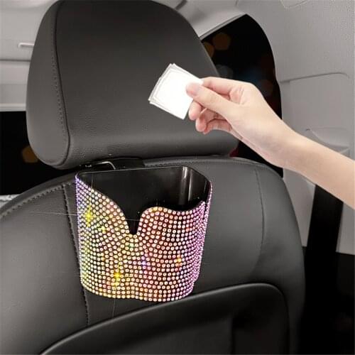 Bling Crystal Car Trash Can, Car Storage Bag Auto Hanging Car Garbage Can Sparkling Storage Holder