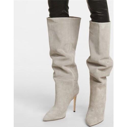 Suede Boots Women Genuine Leather Long Boots Fashion Woman Sexy Crocodile Skin Boots Pleated High Heel Spring Autumn Women Shoes