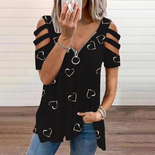 Deep V-Neck Collar Zipper Womens T-Shirt Dew Shoulder Love Heart Prints Tops Woman Hollow Out Short Sleeve Casual Summer Tops
