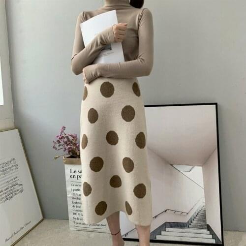 Big Polka Dot Knit Mid-Calf Overskirt Women Autumn Winter 2021 High Street Wear Loose Sweater Skirt