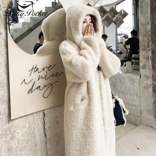 Women Winter New Thick Loose Long Solid Color Plus Size With Cap Fur Coat Ladies Fashion Keep Warm white Parkas Outerwear ZY78