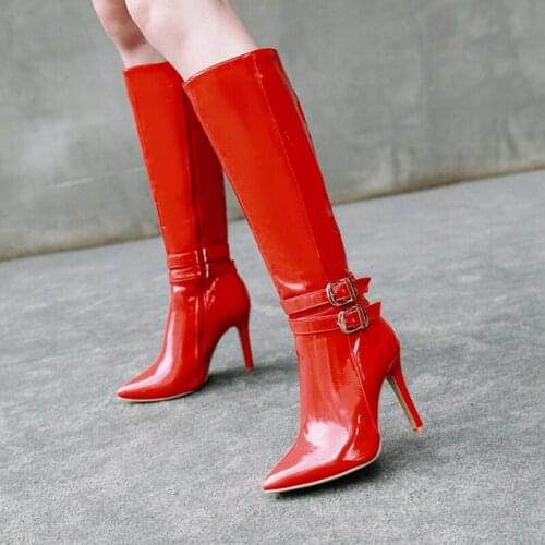 Buckle Strap Knee High Boots Women Shiny Patent Leather Stiletto High Heels Winter Knee Boots Woman Big Plus Size 47 48 Shoe Sex