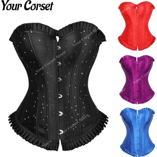 Women Corset Plus Size Bustier Corset Top Sexy Black Rhinestones Corset for Women Vintage Satin Bustier Tops Boudoir Outfits