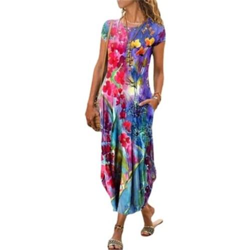 Women Long Dress Bohemia Floral Pockets Maxi Dress Summer Short Sleeve O-Neck Print Long Party Dress Lady Casual Vestidos S-3XL