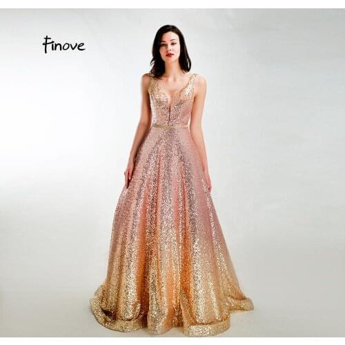 Finove Sparkly Sequined Evening Dresses Long 2020 New Sexy V-neck Backless Long Floor Length Party Dress Gowns In Women' Dresses