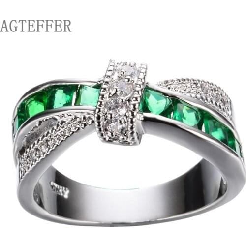 AGTEFFER 925 Sterling Silver AAA Zircon Green/Blue/Purple Six Colors Crystal Ring For Women Fashion Wedding Party Charm Jewelry