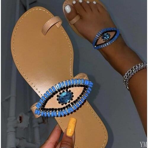 2021 Flip Flops Women Shoes Eye Crystal Slip on Flats Cute Female Slides Lady Sandals Zapatillas Mujer Casa Sapatos Femininos