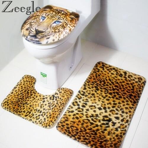 Zeegle Tiger Printed 3Pcs Bathroom Bath Mats Set Flannel Floor Rugs Cushion Toilet Seat Cover Absorbent Toilet Rugs Bathroom Mat