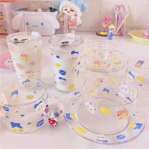 450ML Glass Straw Cup with Korean Cute Duck Graffiti Style Large Capacity Summer Drinking Juice Milk Bottle Girl Gift