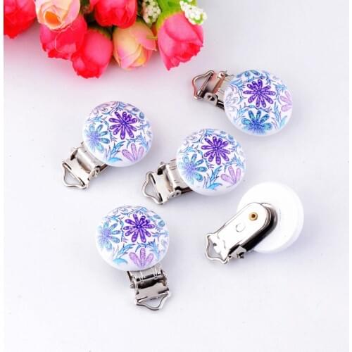 5PCs Baby Pacifier Clips Mixed Flower Pattern White Wood Metal Holders Cute Infant Soother Clasps Accessories 4.4x2.9cm
