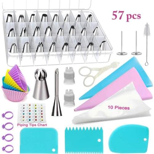 57 Pcs/Set Cake Decorating Tools Stainless Steel Cream Nozzles Pastry Bag Piping Tip Scraper Homemade Cake Tools Accessories