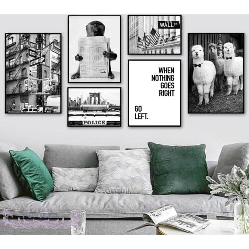 Alpaca Monkey Read Newspaper Canvas Painting Retro Black White Police Car Guidepost Poster Wall Art Prints Pictures Room Decor