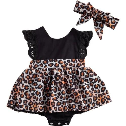 2Pcs Baby Summer Outfits, Splicing Leopard Print O-Neck Backless Romper Skirt + Hairband for Toddlers, Girls, 0-2 Years