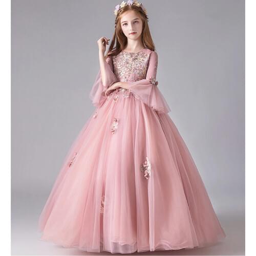 Pink Lace Kids Bridesmaid Flower Girl Dresses for Party Wedding Flare Sleeve Pageant Princess Dress Kids First Communion Gown