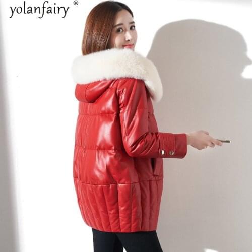 100% Genuine Leather Jacket Women Winter Sheepskin Coat Female Duck Down Jacket real Fox Fur Collar Hooded warm YU04 KJ5780