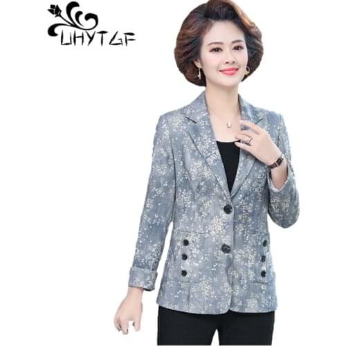 UHYTGF Women Spring Autumn Jacket Fashion Print Small Suit Casual Female Coat Elegant Mom Short Top 5XL Plus Size Outerwear 1538