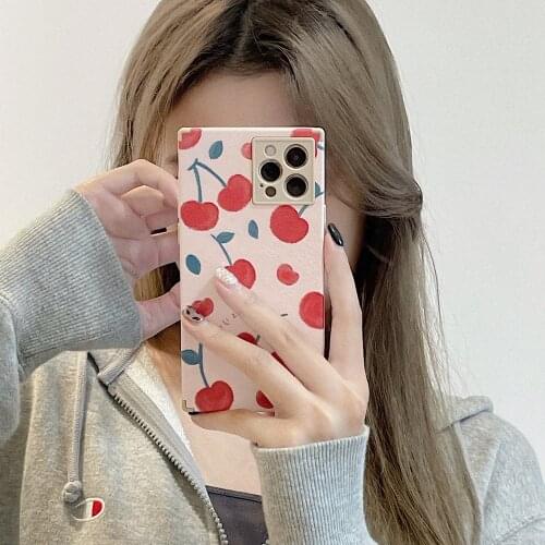 Tobebest Strawberry Cherry Square Phone Case for iPhone 12 Pro Max 11 Pro Max X XS XR 7 8 Plus SE2020 12mini Soft Silicone Cover