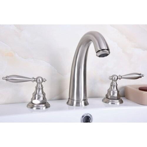 Brushed Nickel Brass Double Handle Deck-Mount Three Hole Widespread Bathroom Lavatory Bathtub Basin Faucet Sink Mixer Tap dbn015