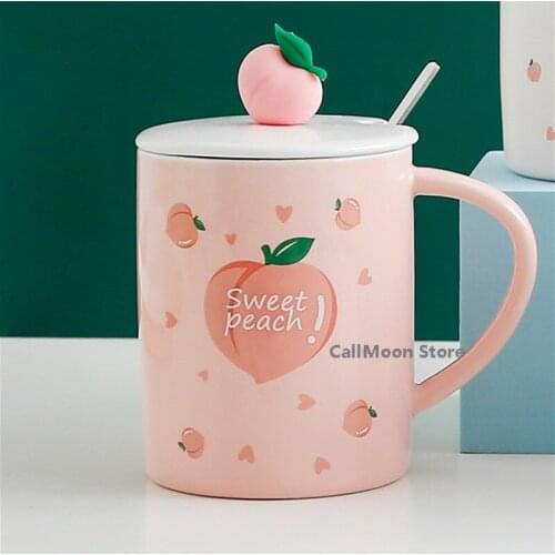 Cartoon Cute Coffee Mug with Lid and Spoon Pink and White Ceramic Mug Coffee Cup Creative Peach Mug Milk Mug Water Cup