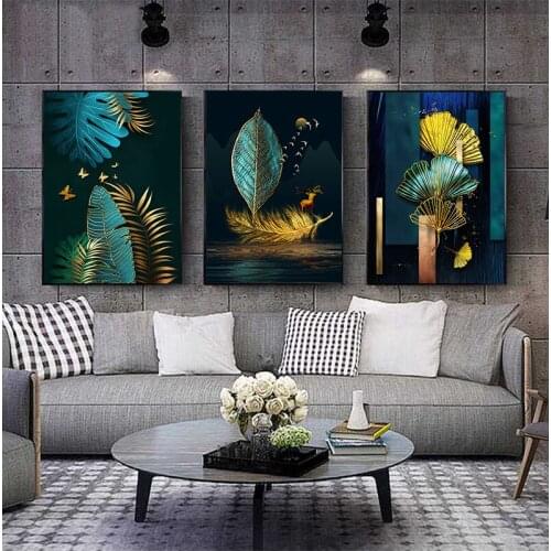 Cheap Canvas Art Painting Chinese Style Green and Gold Waterproof Wall Art Prints Home Decor Canvas Posters Prints