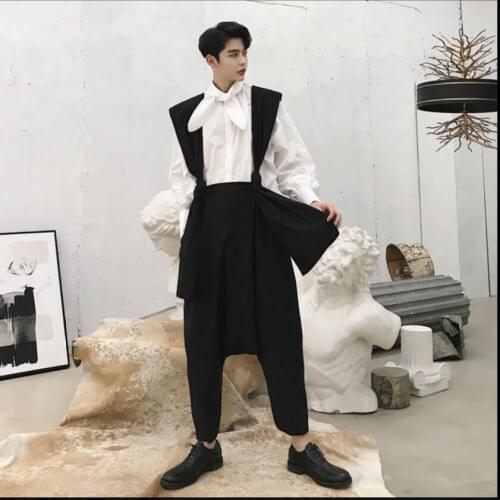 New Men Clothing Loose Low-grade Casual Pants Couples Bib Pants Cotton Linen Pants Hairstylist Overalls Summer Personality New