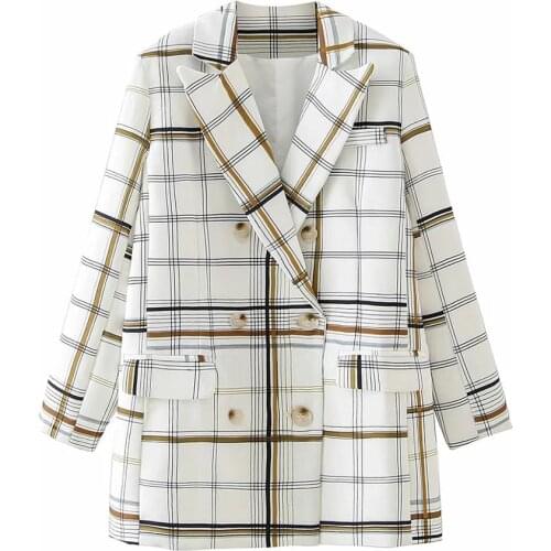 Za blazer women 2020 fashion plaid striped blazers ladies pockets full sleeve double breasted suit chic female streetwear casual