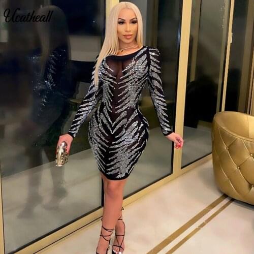 Sexy Nightclub Mesh Perspective Hot Drill Dress Long Sleeve Party Dress Silver Diamonds Shiny Bandage Bodycon Dress Vestdios