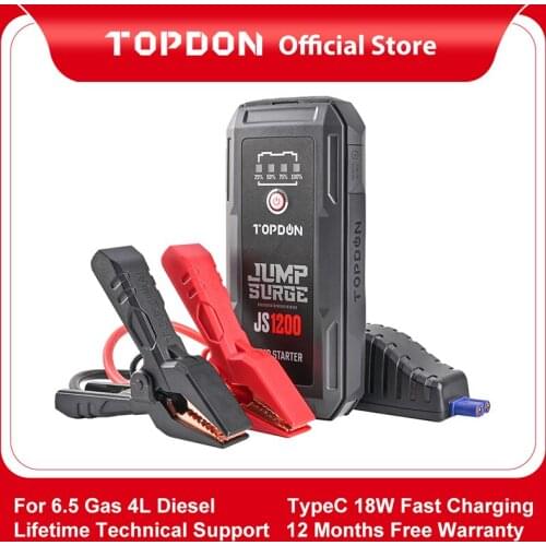 TOPDON JS1200 Car Jump Starter Auto Battery Booster Charger for 6L Gas 4.5L Diesel 12V Fast Charger Emergency Battery Power Bank