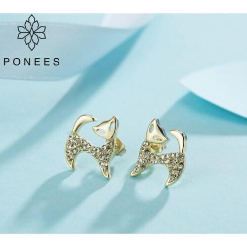 PONEES Elegant Jewelry Gold Color Cute Cat Stud Earrings For Women Brand Fashion Ear Full Of Crystals Earrings Gift