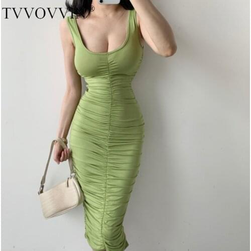TVVOVVIN Sexy U-neck Low Chest Fold High Waist Show Thin Package Hip Elastic Solid Color Dress Long Dresses Sexy Robe VZEN