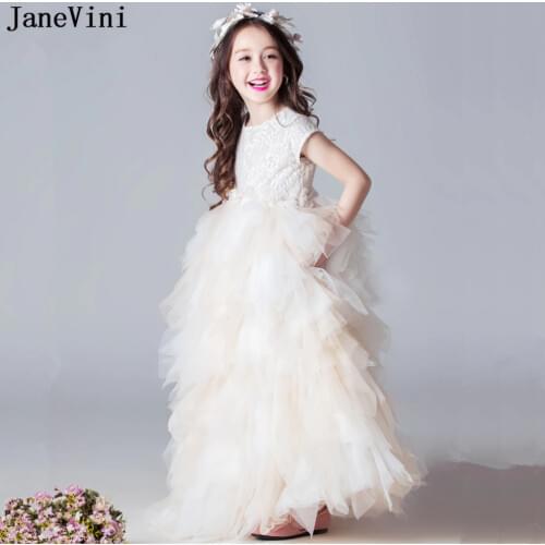 JaneVini Lovely Champagne Tulle Flower Girls Dresses for Weddings A Line Short Sleeves Girls Pageant Party Gowns First Communion
