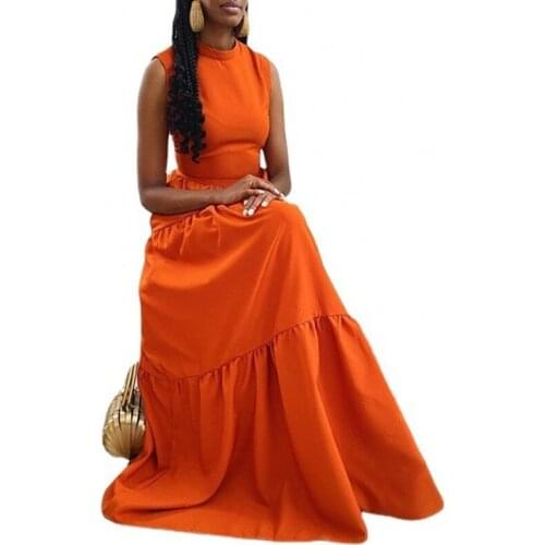 African Ruffle Maxi Dress Women O Neck Sleeveless High Waist Robes Summer New Solid Elegant Chic Bazin Riche African Party Dress
