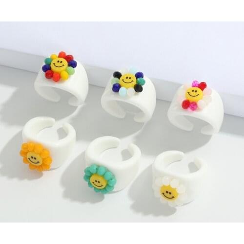 Vedawas Ins Korean Smile Eyes Open Rings for Women Ethnic Multicolored Acrylic Resin Beads Engagement Rings Finger Jewelry Gifts