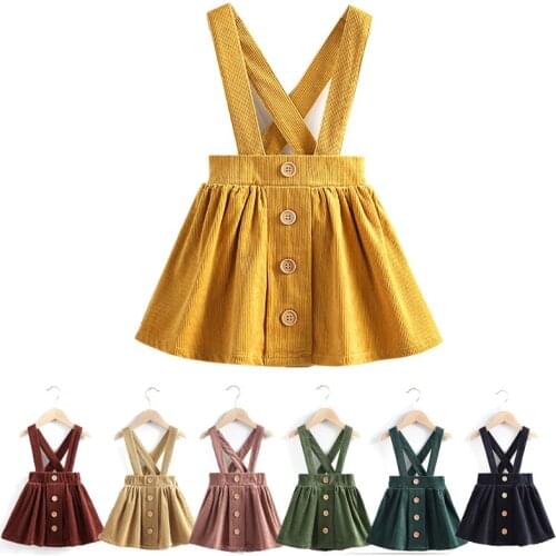Toddler Kids Baby Girls Strap Corduroy Overall Strap Dress Outfit Clothes Button Solid Mini Dresses 6M-11T
