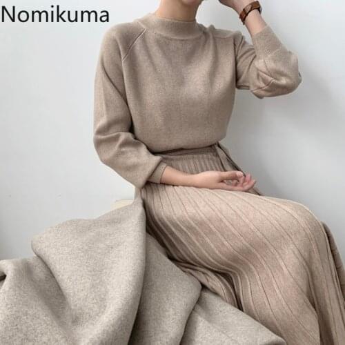 Nomikuma Korean Style Vintage Dress Women Slim Waist Lace Up Long Sleeve A Line Knitted Dresses Half Turtleneck Vestidos Mujer