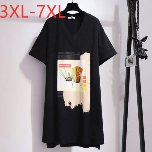 New 2021 summer plus size tops for women large loose short sleeve cotton black print V neck long T-shirt 3XL 4XL 5XL 6XL 7XL