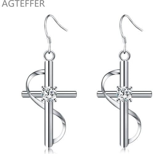 AGTEFFER 925 Sterling Silver Cross Zircon Drop Earrings For Women Best Gift Wedding Engagement Jewelry