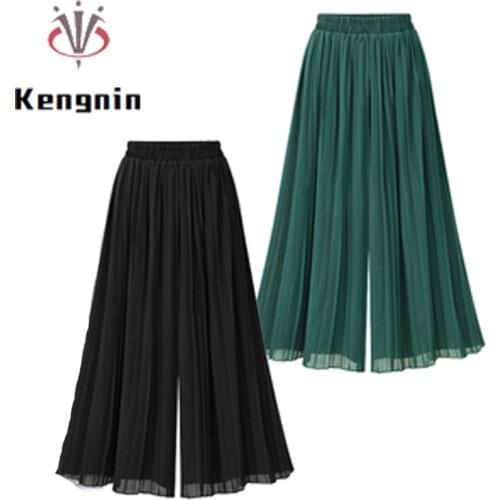 Oversized 2021 New Summer Women Trousers Chiffon Pleated Skirts Loose Wide Leg Pants Summer Womens Chiffon Pants KE1436
