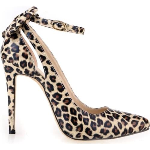 European Ladies Back Bowtie Buckle Dress Shoes Pointed Toe High Heels Hollow Womens Shoes Sexy Leopard Pattern Party Shoes 11CM