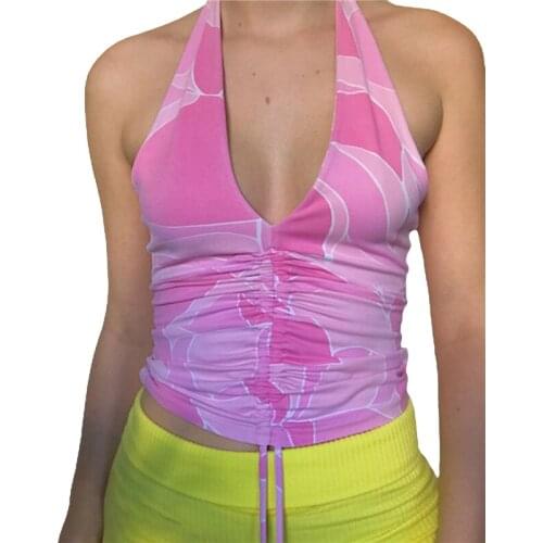 Tops Women 2021 V Neck Halter Crop Top Front Drawstring Backless Printed Y2k Tanks Top Wrap Bandage Camis Vintage 90S Streetwear
