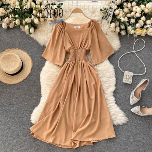Summer Casual Dresses For Women 2021 Robe Femme Solid Square Neck Elastic Waist Elegant Midi Dress Vintage Black Slim Dress