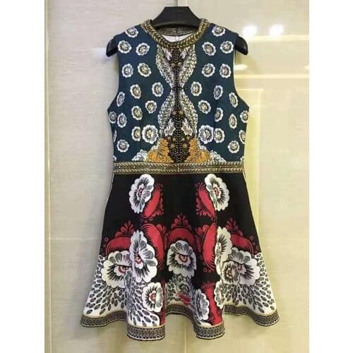 Vintage Dress 2021 Autumn Winter Style Women Stand Neck Vintage Jacquard Floral Print Hand Made Beading Slim Fit & Flare Dress