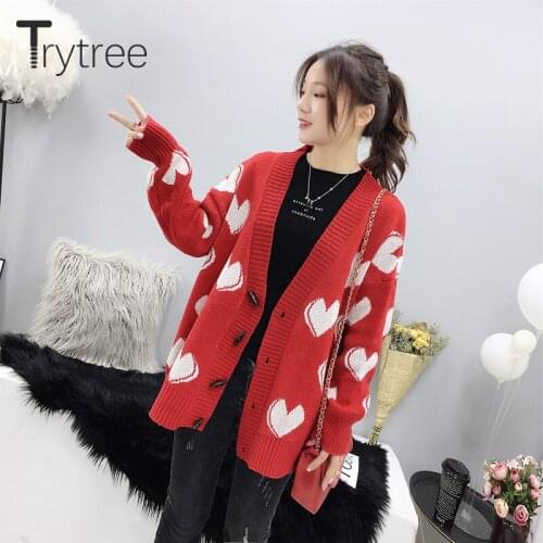 Trytree Winter Women Casual Love Cardigans Single Breasted Acrylic Sweater V-Neck Computer Knitwear Button Long Sleven Tops
