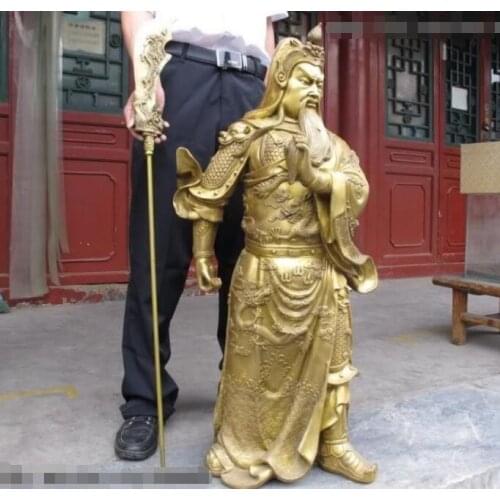 24" China Brass Copper Dragon Hold Sword Guan Gong Guan Yu warrior Statue