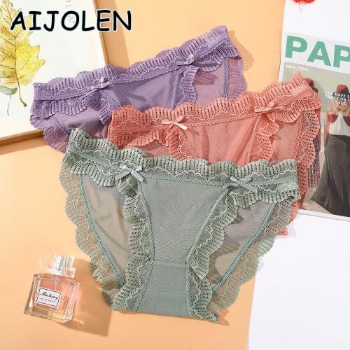 AIJOLEN Lace Mesh Seamless Underwear Solid Color Briefs Sexy Transparent Breathable Underpants Womens Sexy Lace Panties