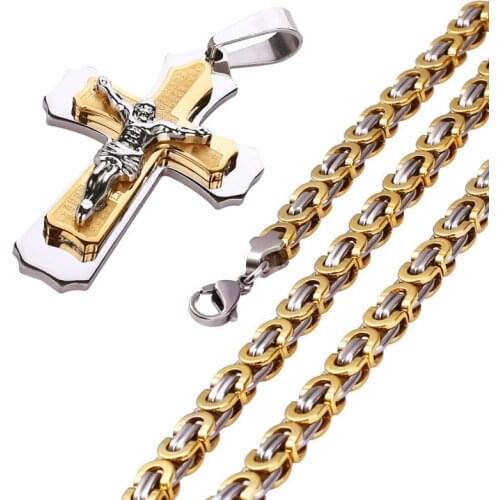 Jesus Crucifixion Cross Pendant Necklace For Men Women Gold Silver Color Stainless Steel Charm Byzanine Chain Punk Jewelry Gift