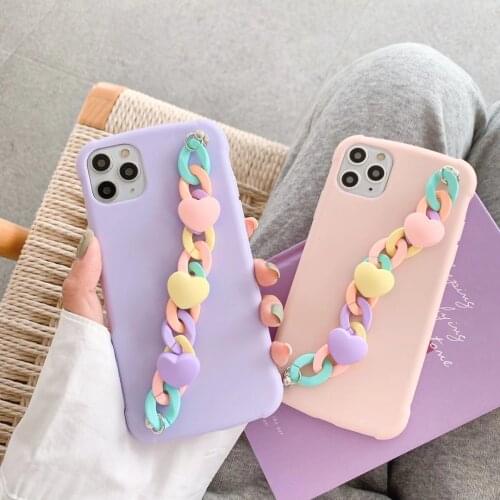 Luxury Love Heart Wrist Strap Phone Case for iPhone 12 11 11pro X XS Max XR 7 8 Plus Candy Color Soft Tpu Silicone Back Cover