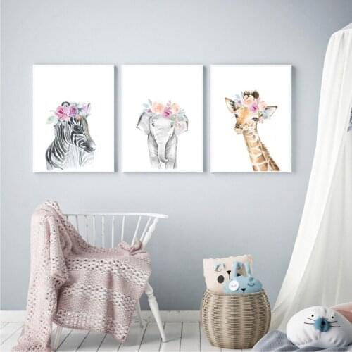 Decor Canvas Painting Art Animals Floral Crown,Baby Prints Animal Giraffe Elephant Lion Wall Art Picture Nursery Poster